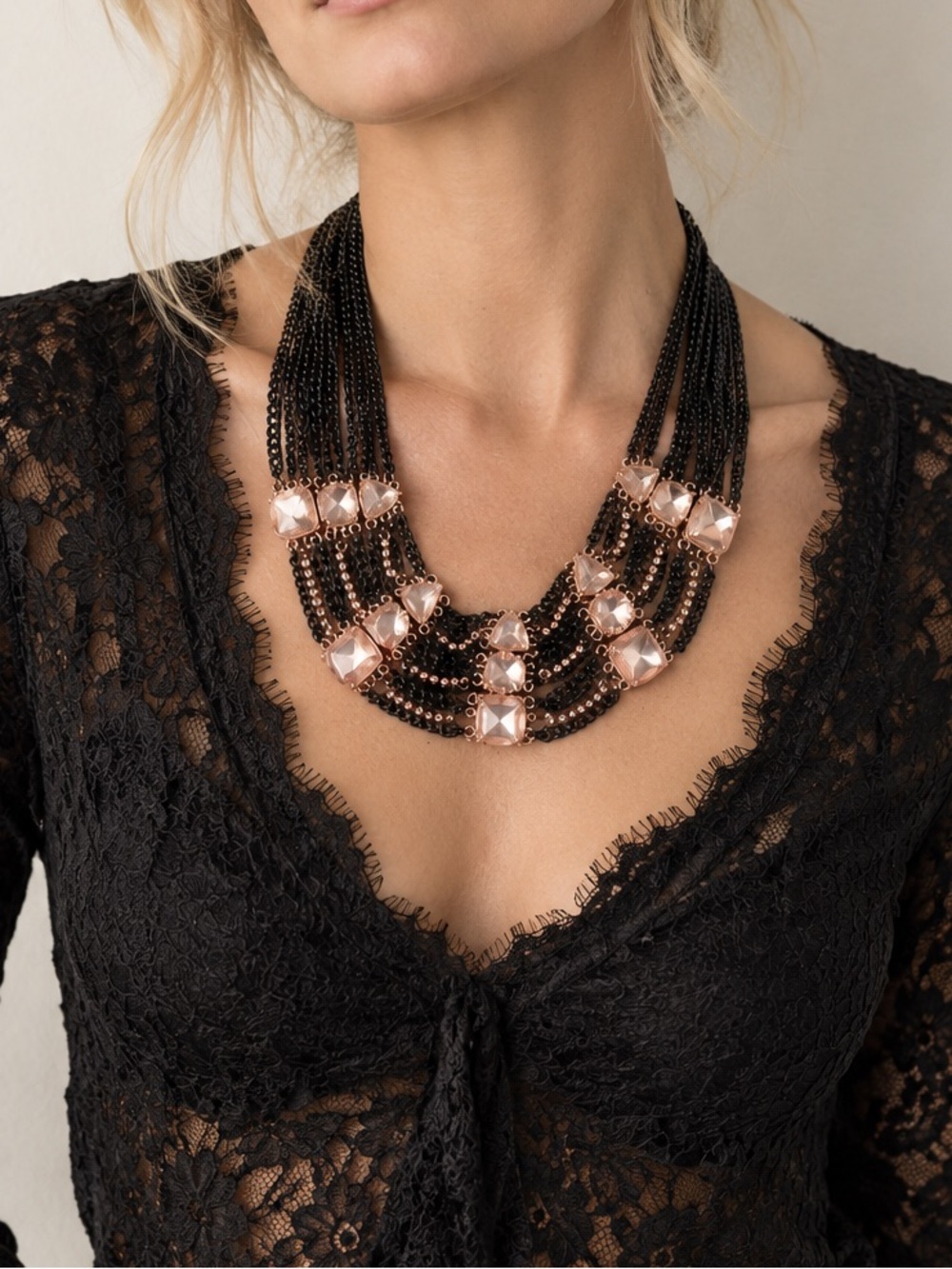 Simply Vera Vera Wang Pink Crystal Black Multi-Strand Chain Statement Necklace